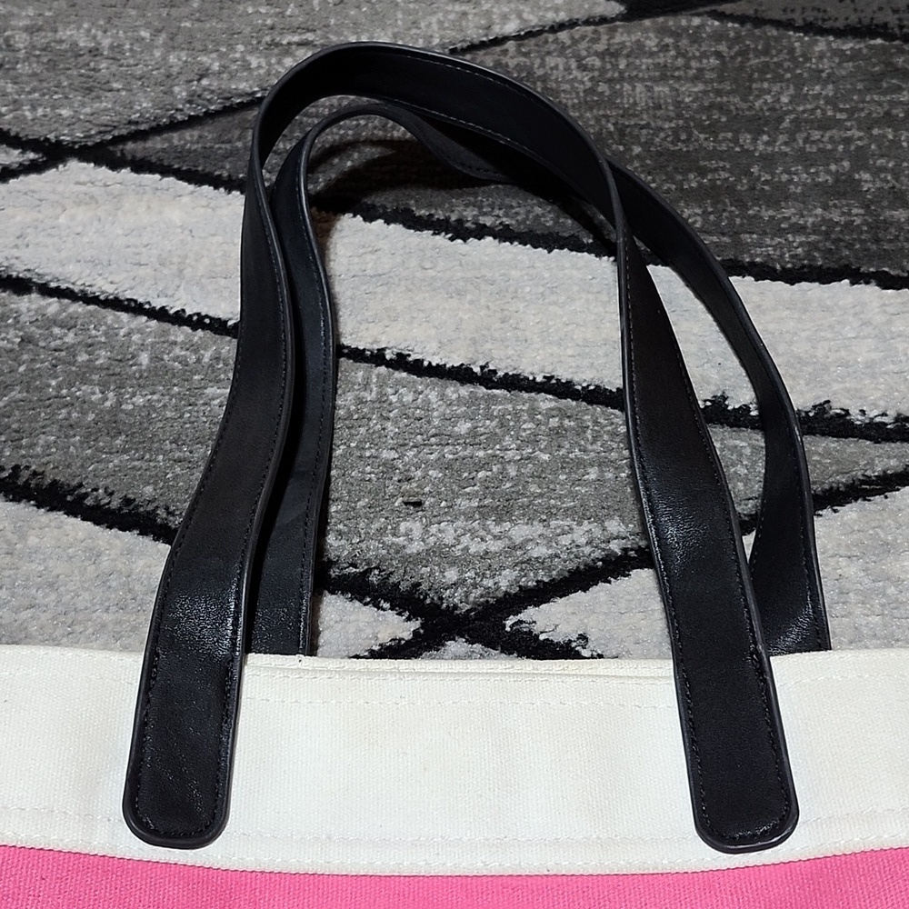 VICTORIA SECRET 2014 LARGE PINK CANVAS FAUX-LEATHER STRAPS COATED TOTE-BAG - Picture 3 of 12